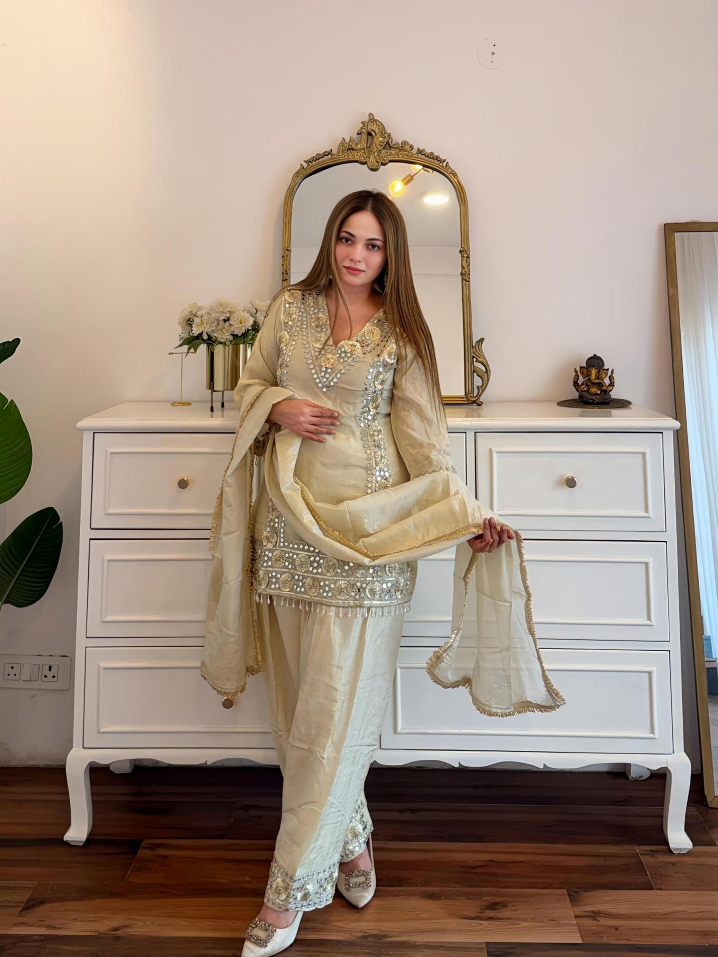 Ivory Mirror & Sequin Embellished Suit Set with Dupatta ✨