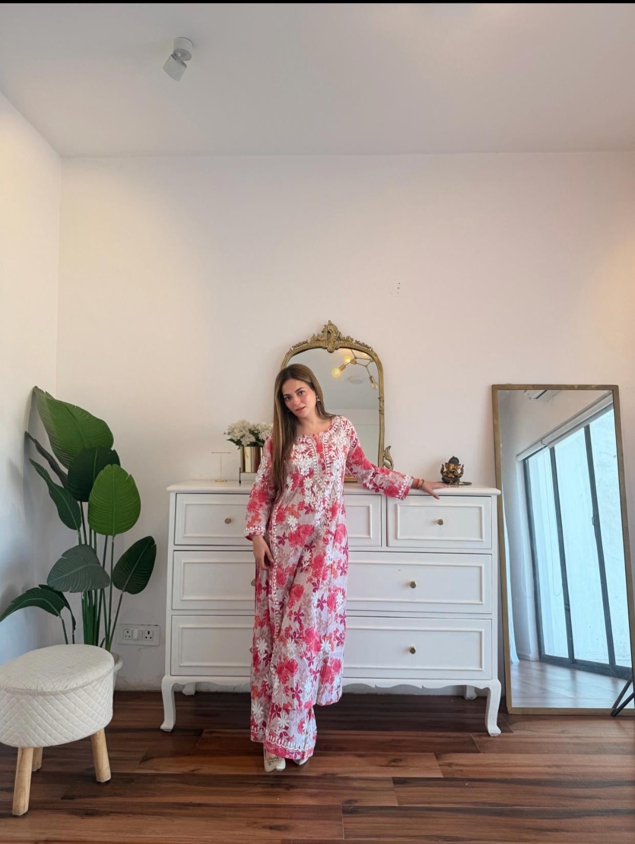 Pink Floral Chikankari Suit Set with Delicate Thread Embroidery
