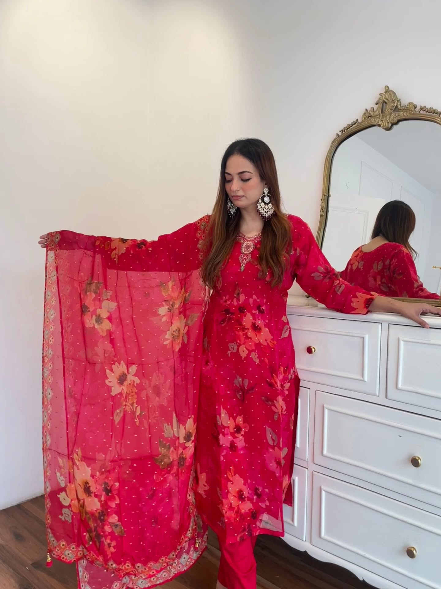 Hot Pink Floral Embroidered Suit Set with Printed Dupatta