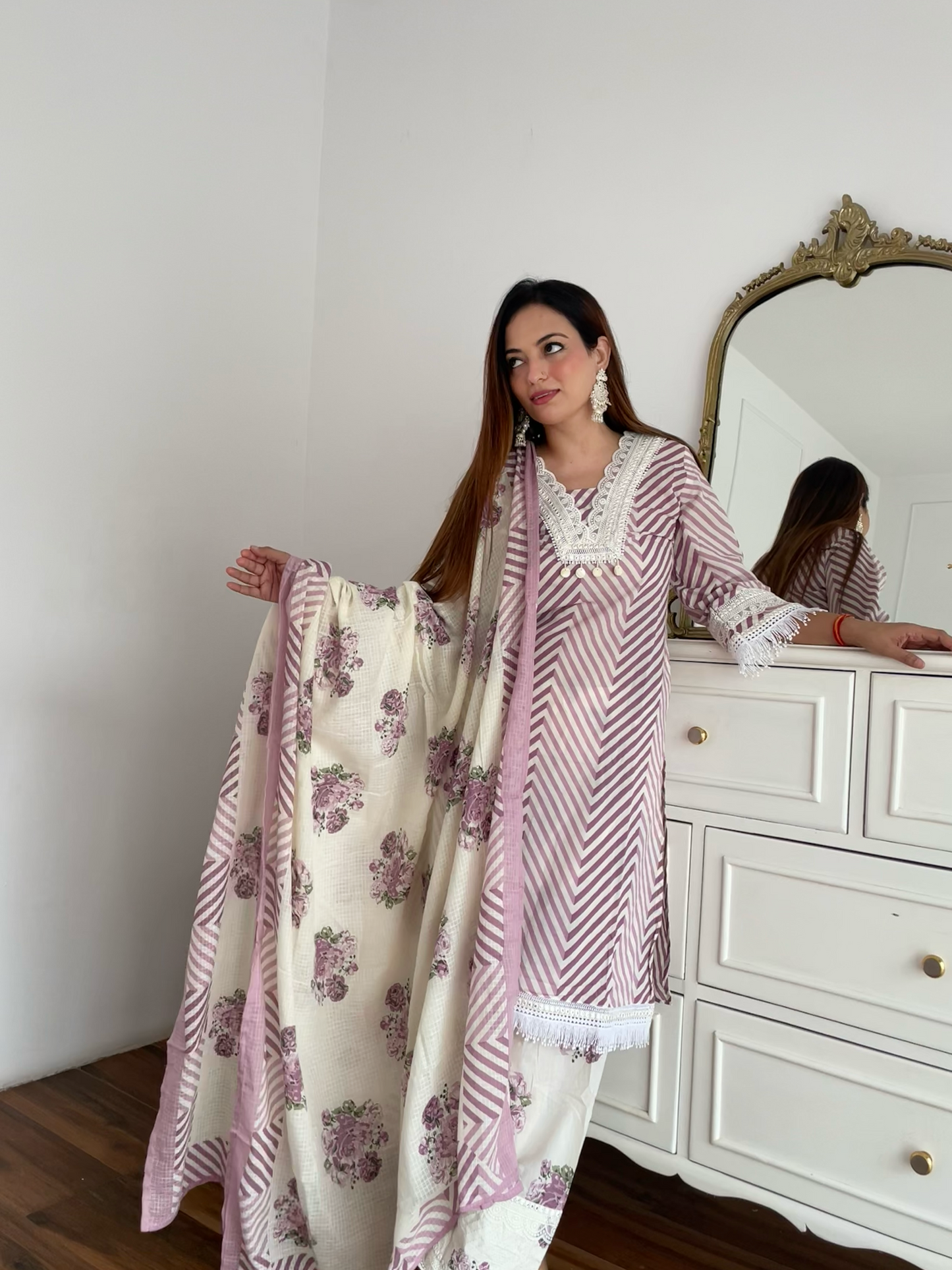 Purple Chevron Floral Embroidered Suit Set