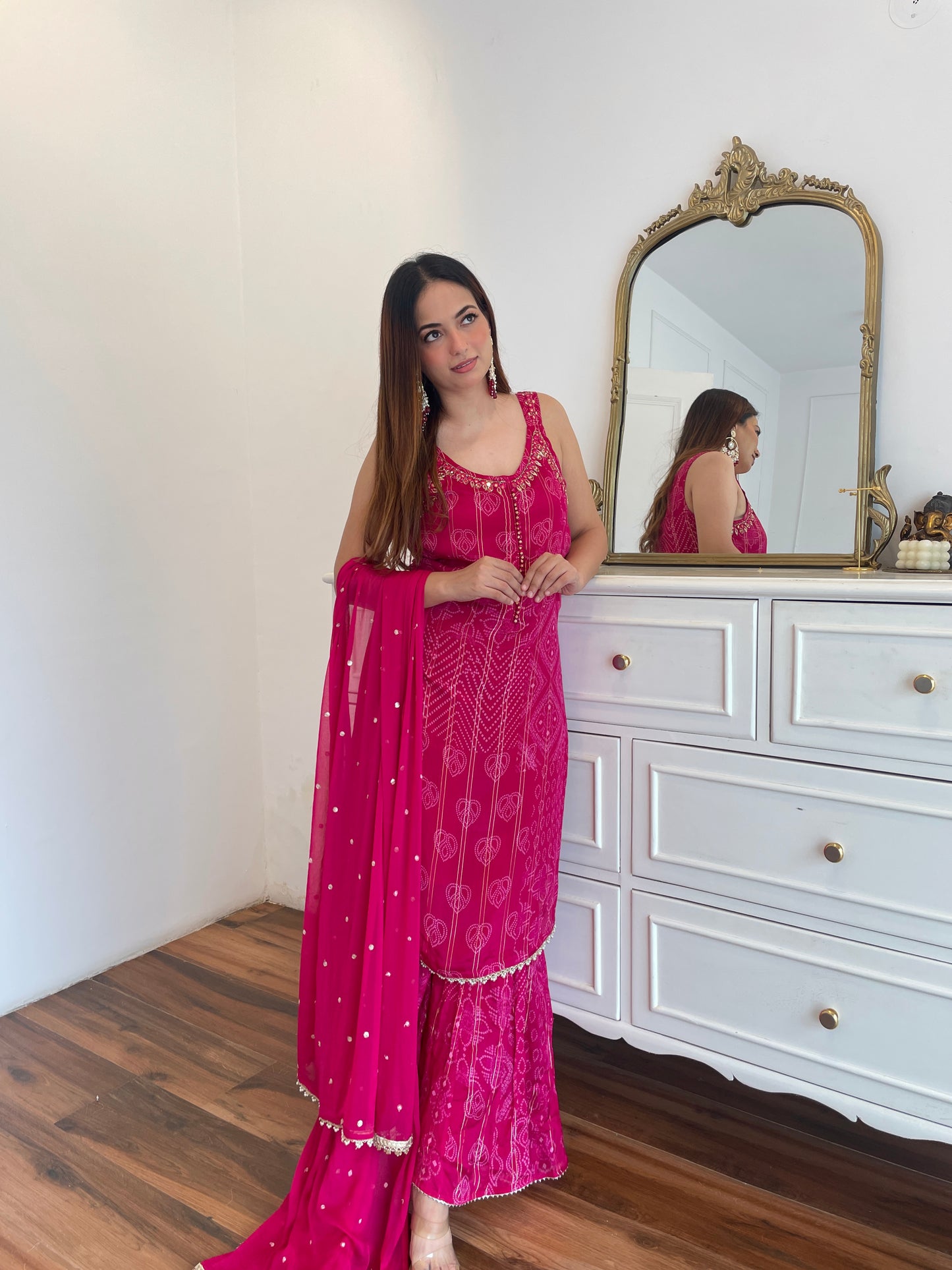 Rani Pink Bandhej Embroidered Sharara Set