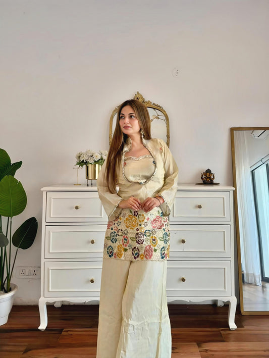 Ivory Floral Embroidered Co-Ord Set with Multicolour Threadwork