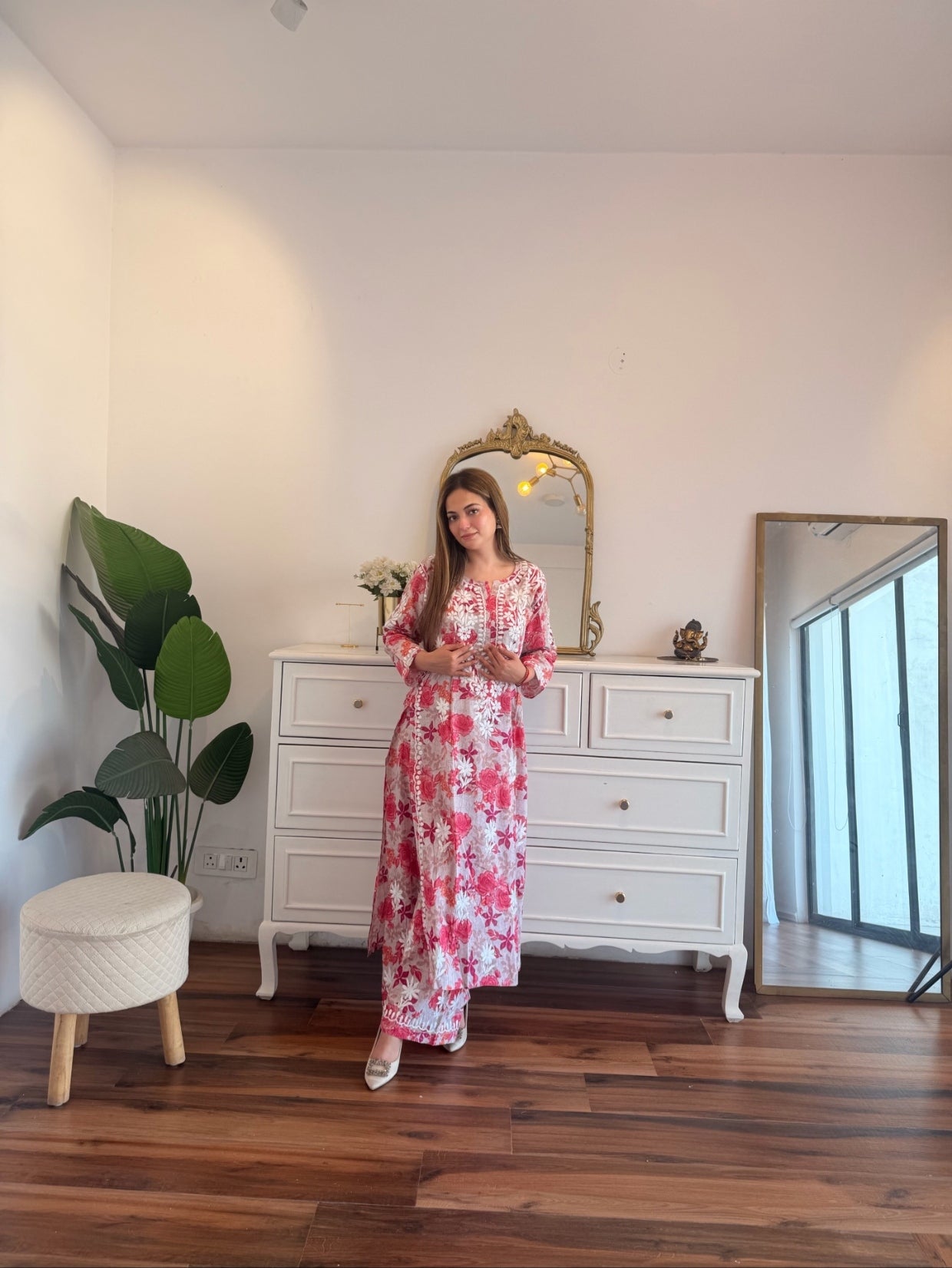Pink Floral Chikankari Suit Set with Delicate Thread Embroidery