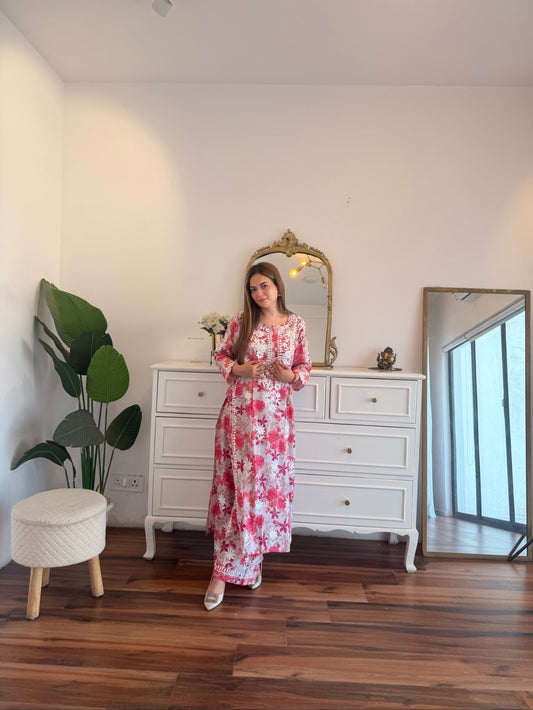 Pink Floral Chikankari Suit Set with Delicate Thread Embroidery