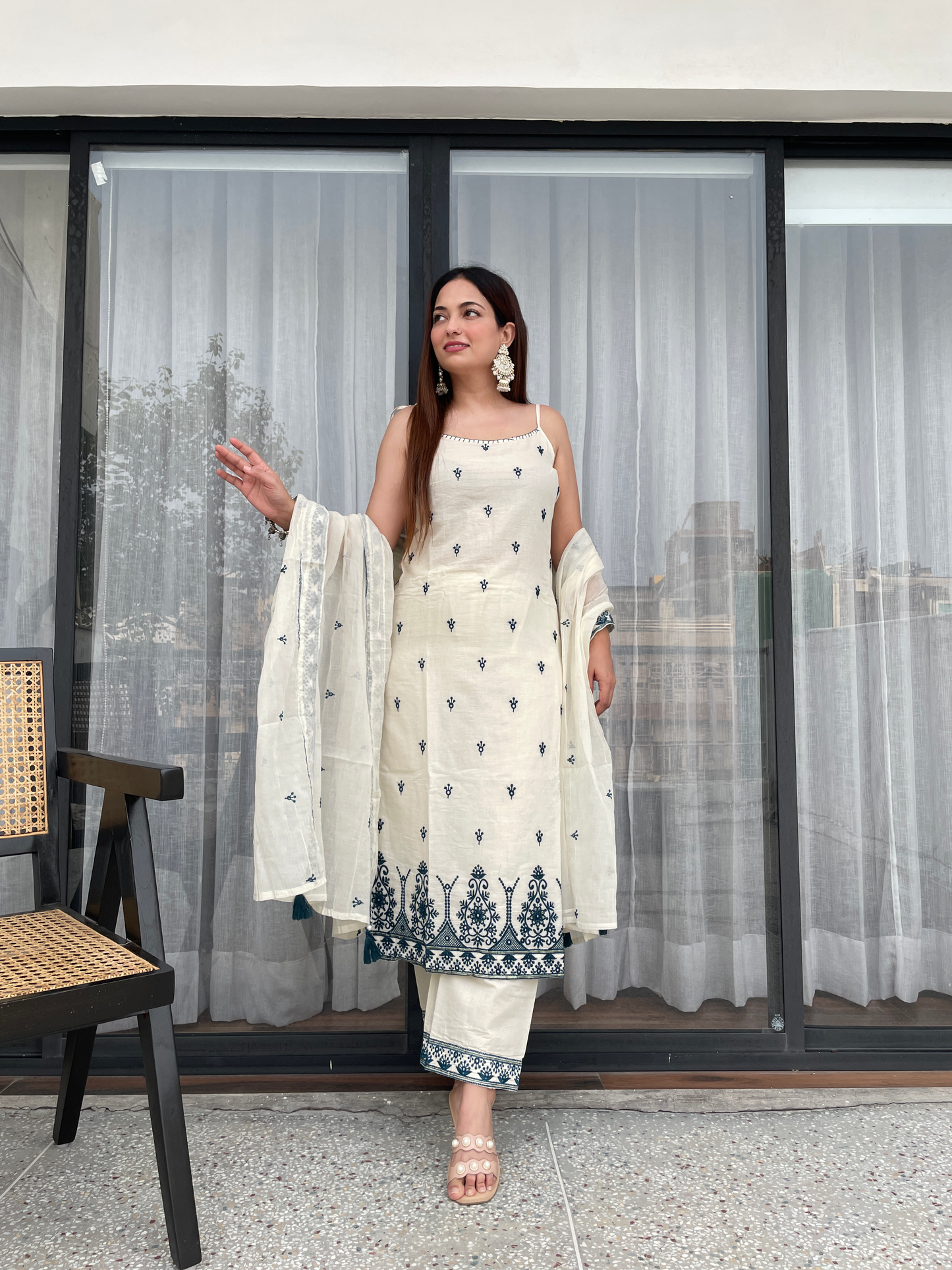 Elegant Ivory White With Blue  Embroidered Kurta Pant Set