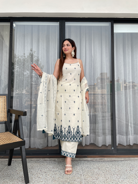 Elegant Ivory White With Blue  Embroidered Kurta Pant Set