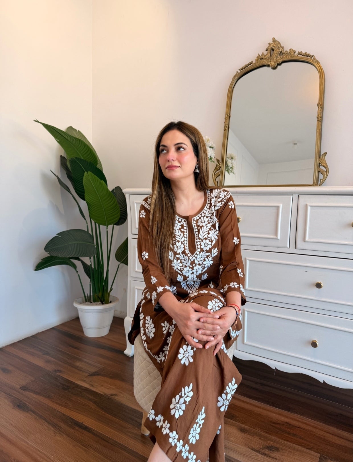 Brown Chikankari Embroidered Co-Ord Set