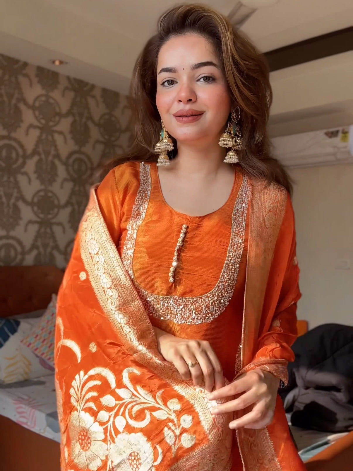 Rust Orange Embroidered Sharara Suit Set with Printed Dupatta
