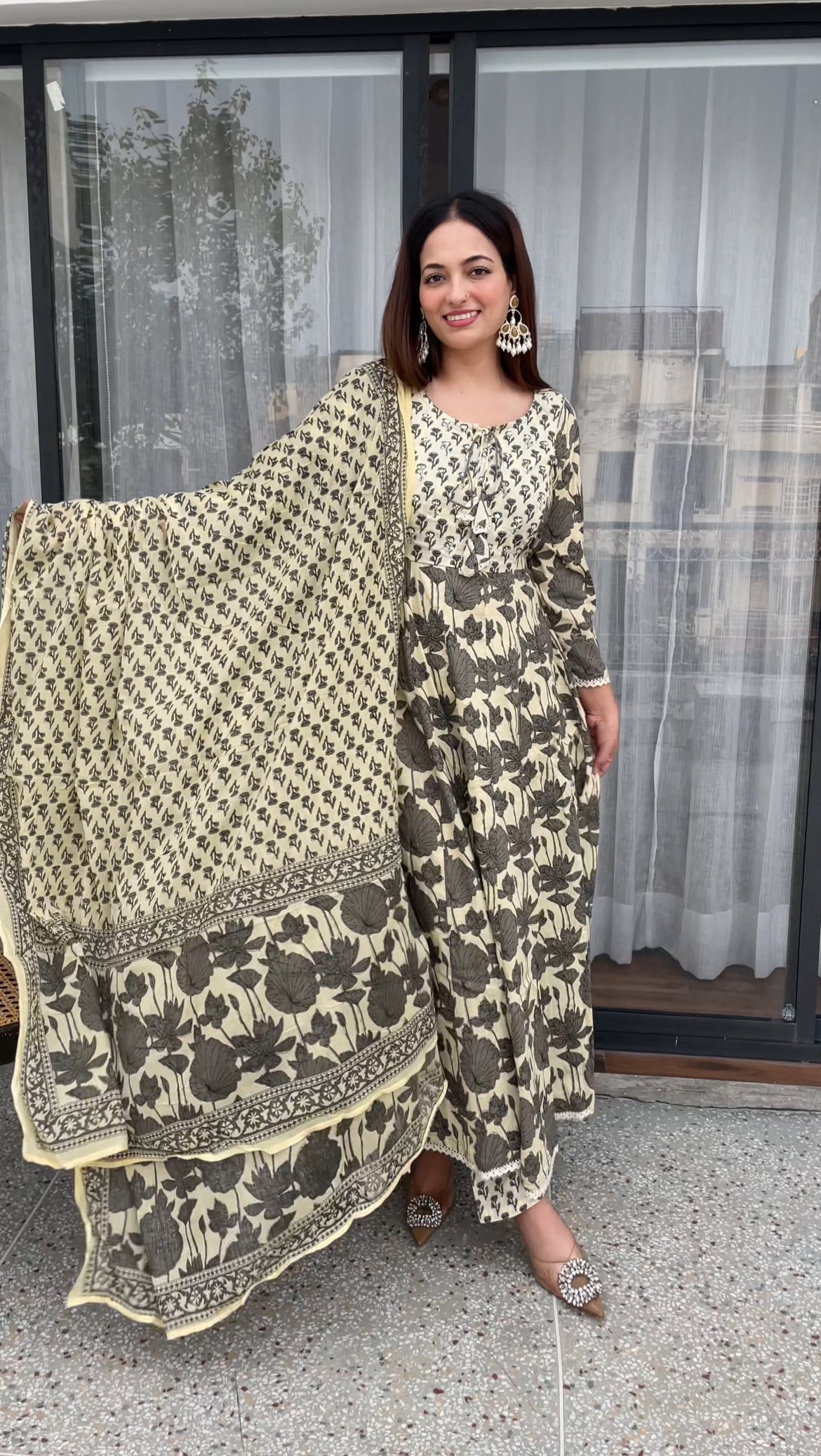 Elegant Beige Floral Printed Cotton Anarkali Suit Set