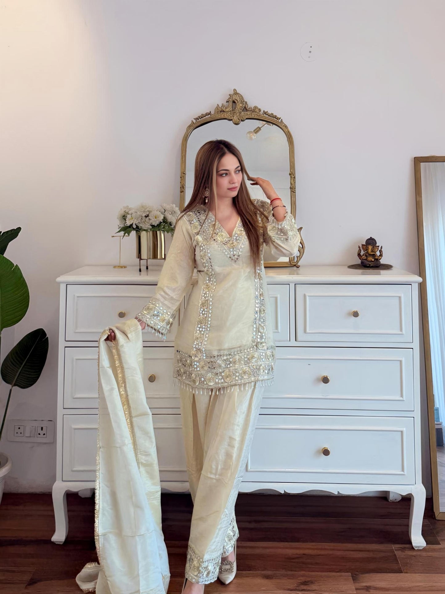 Ivory Mirror & Sequin Embellished Suit Set with Dupatta ✨