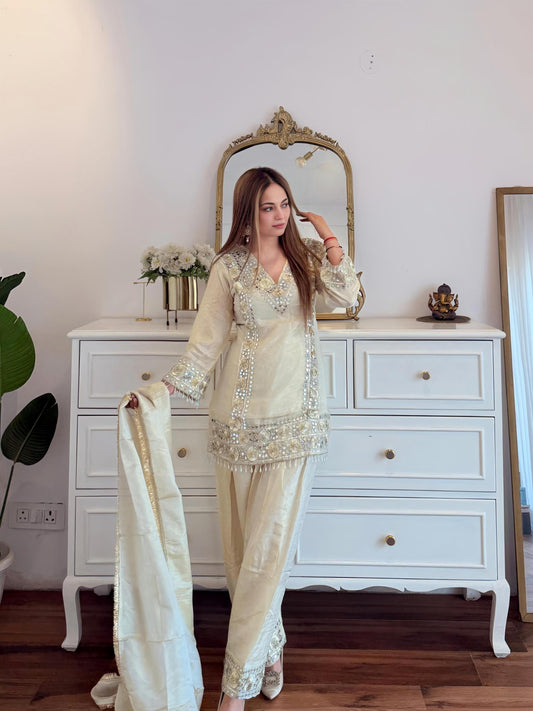 Ivory Mirror & Sequin Embellished Suit Set with Dupatta