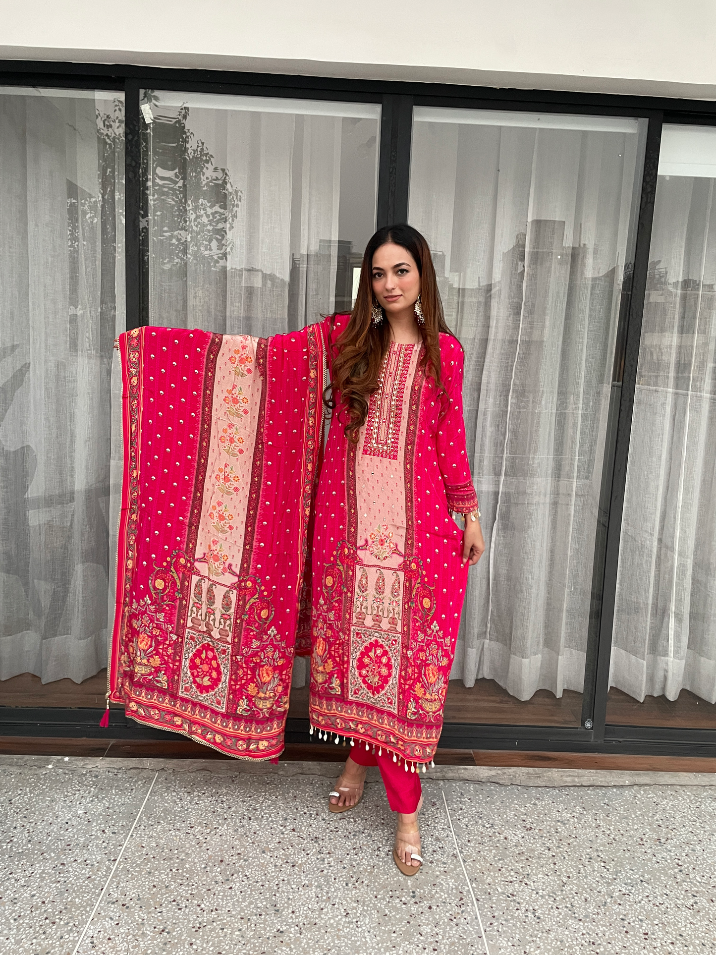 Hot Pink Embroidered Suit Set with Printed Dupatta