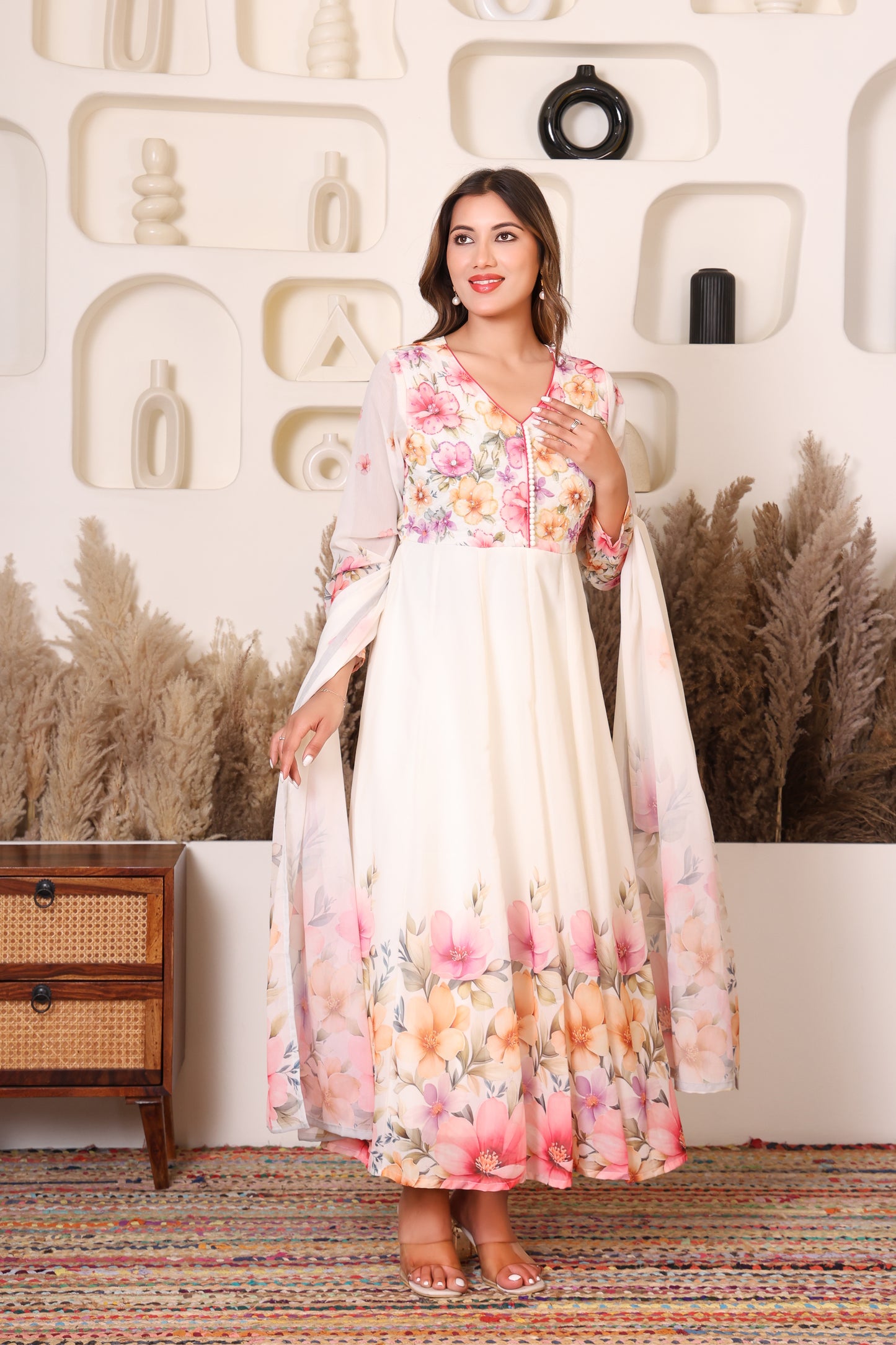 Ivory Blossom Floral Anarkali Set