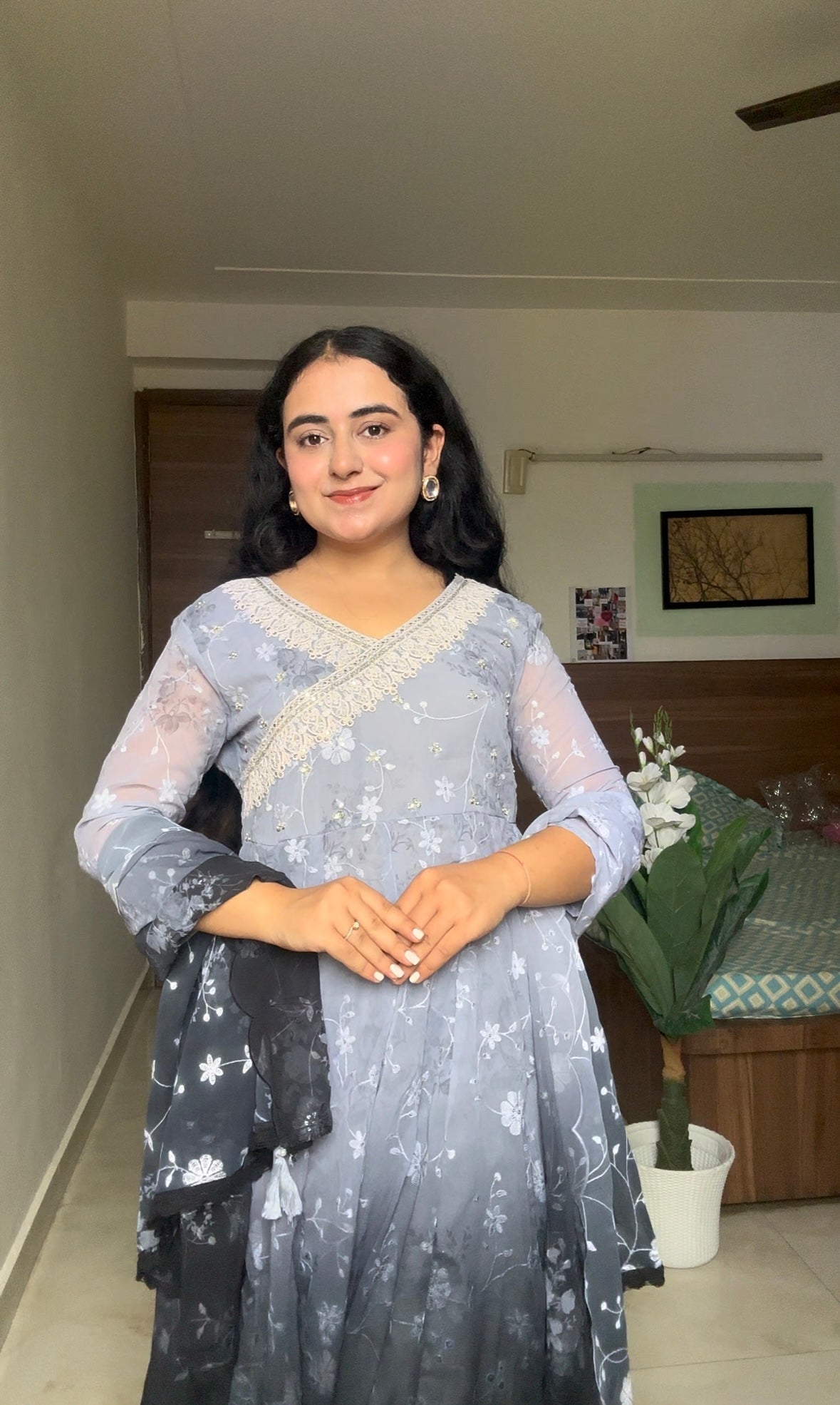 Grey Ombre Floral Anarkali Set with Lace Detailing