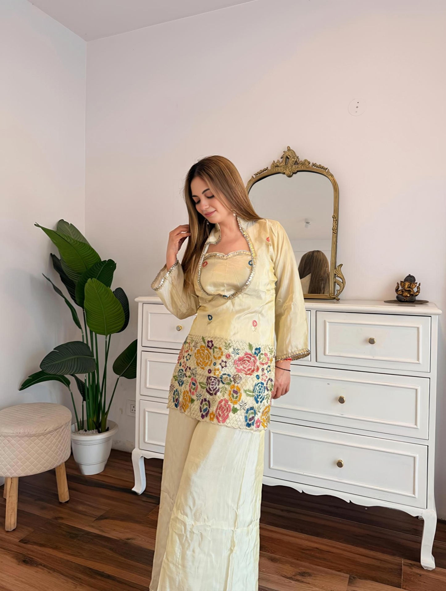 Ivory Floral Embroidered Co-Ord Set with Multicolour Threadwork