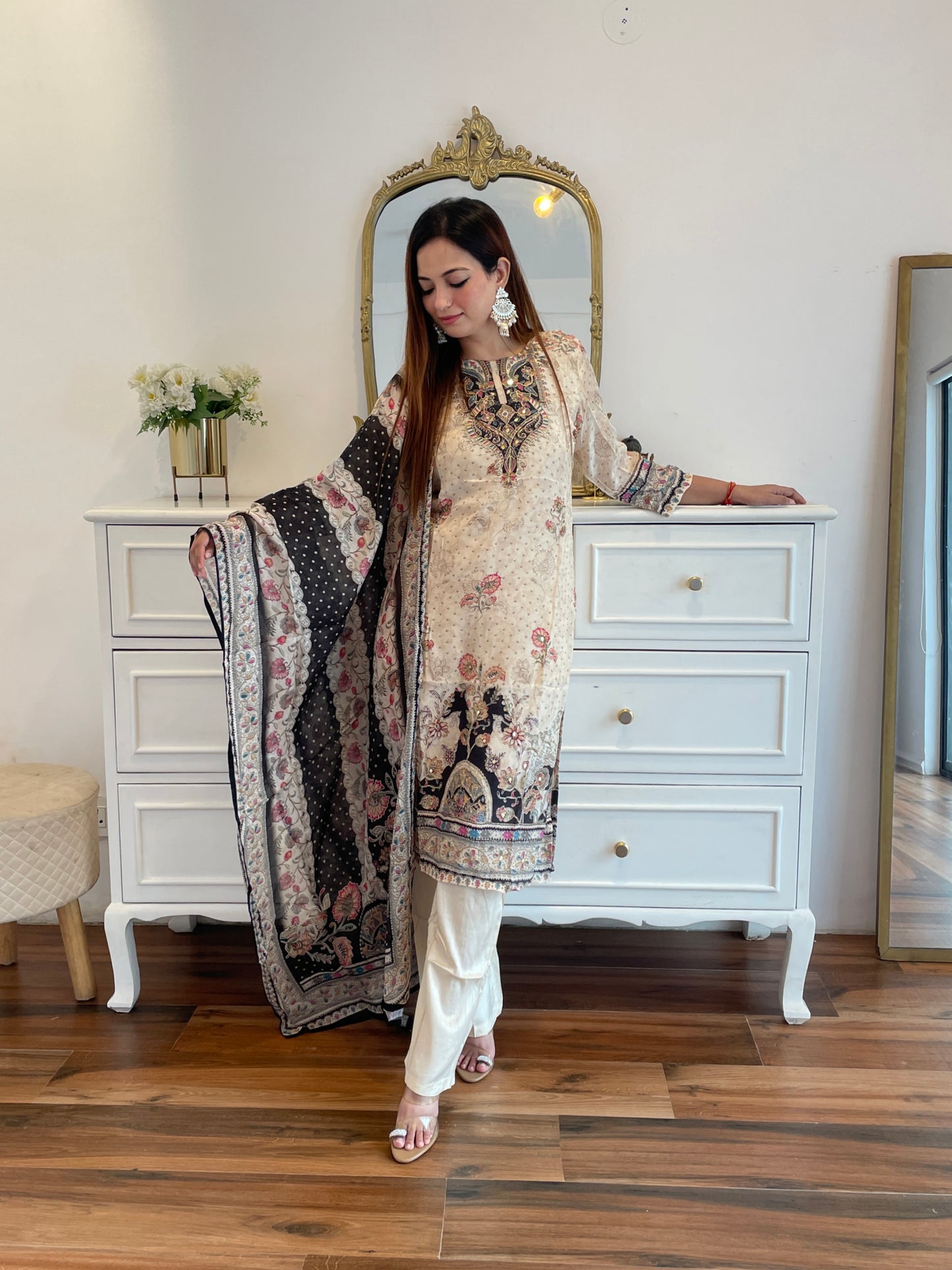 Cream Elegance Printed Embroidered Crap Suit Set