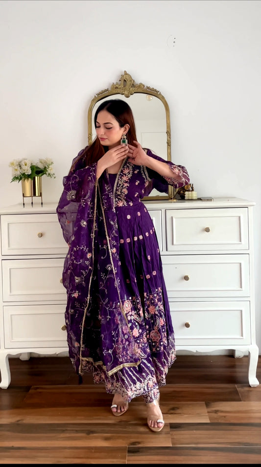 Purple Blossom Embroidered Anarkali Suit Set