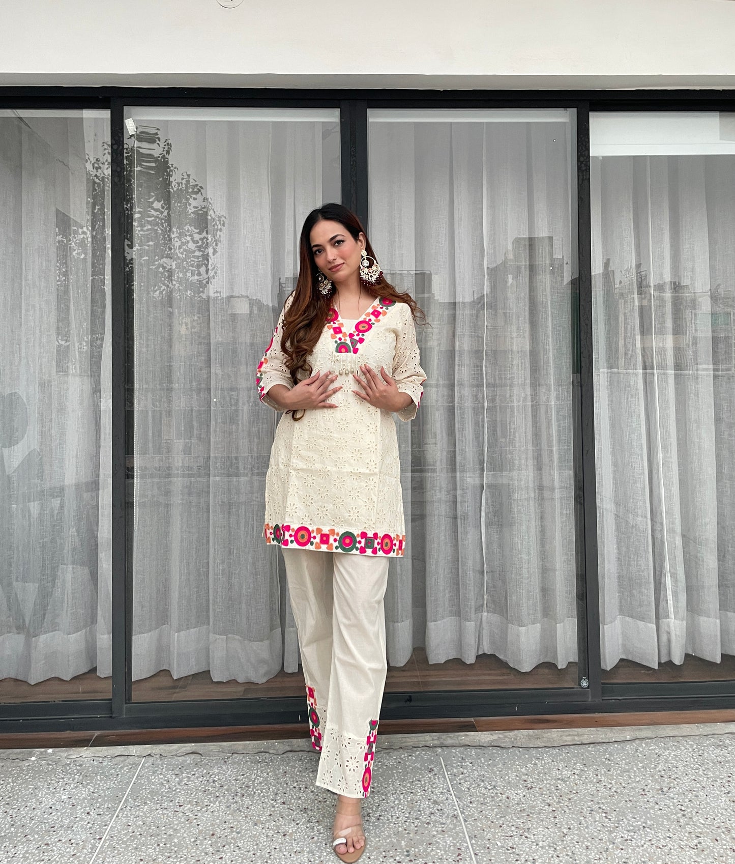 Cream Cotton Embroidered Co-ord Set with Multicolor Detailing