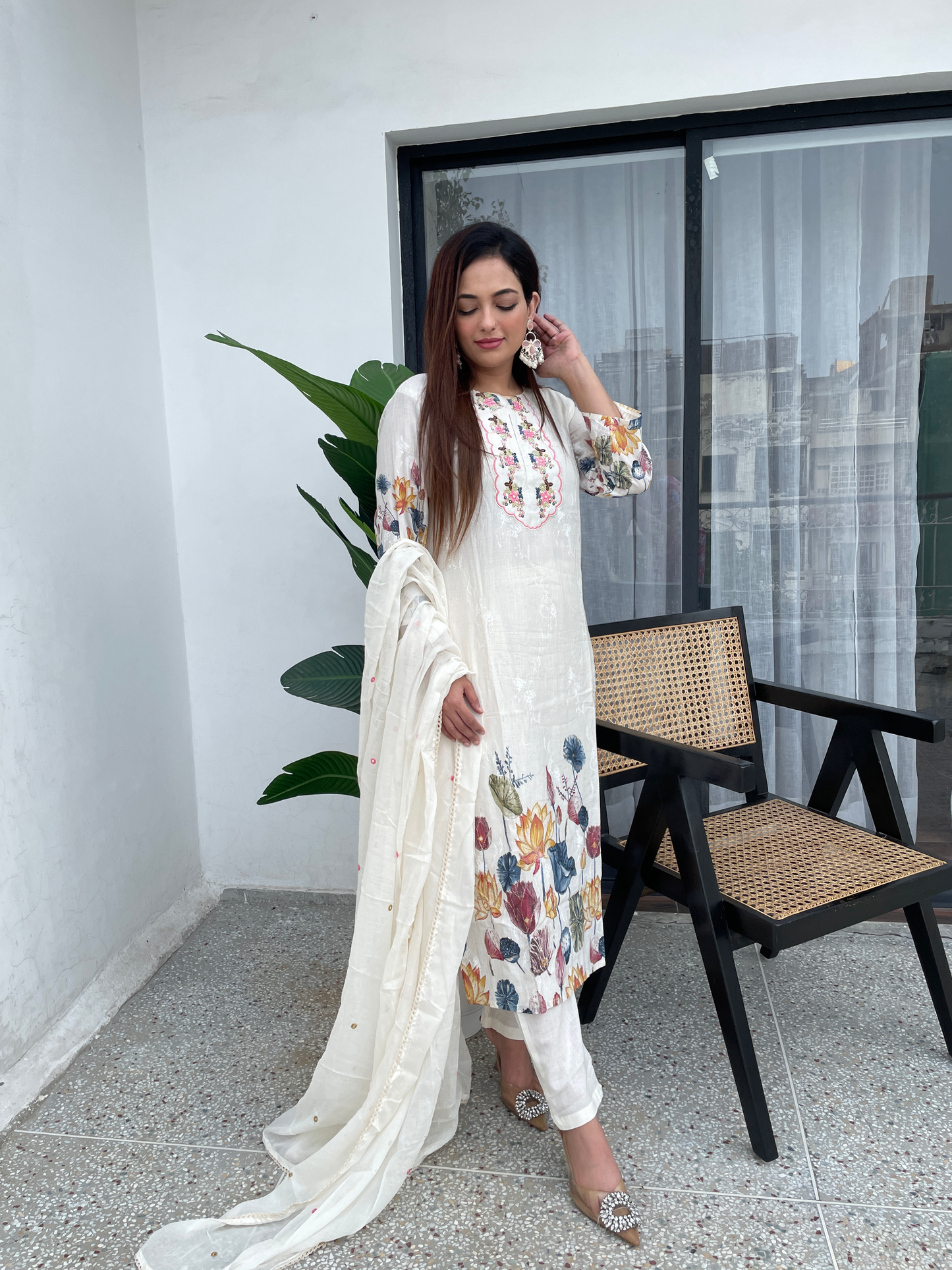 Elegant Off-White Floral Embroidered Suit Set