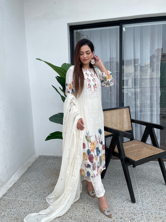 Elegant Off-White Floral Embroidered Suit Set